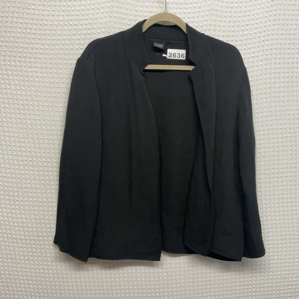 Eileen Fisher Silk Blend Textured Open Front Blazer Jacket Black M Unstructured